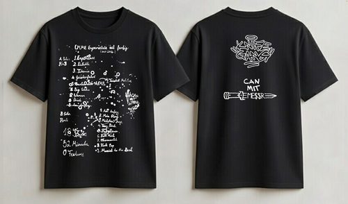 CMME ALBUM RELEASE TEE BLACK
2 BLACK CMME MERCH SHIRTS NEXT TO EACH OTHER, LEFT ONE FRONTSIDE VIEW RIGHT ONE BACKSIDE VIEW WHITE PRINT FRONTSIDE SHOWING HANDWRITTEN ALBUM ART BACKSIDE KNIFEGANG LOGO AND BELOW CAN MIT ME$$R LOGO