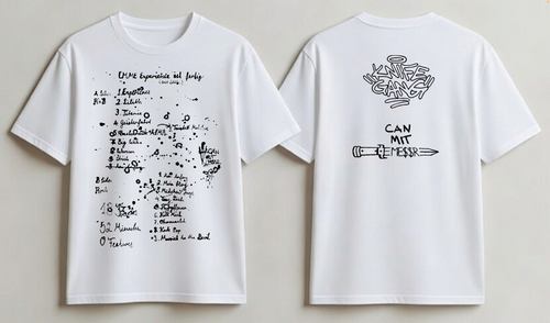 CMME ALBUM RELEASE TEE BLACK
2 WHITE CMME MERCH SHIRTS NEXT TO EACH OTHER, LEFT ONE FRONTSIDE VIEW RIGHT ONE BACKSIDE VIEW BLACK PRINT FRONTSIDE SHOWING HANDWRITTEN ALBUM ART BACKSIDE KNIFEGANG LOGO AND BELOW CAN MIT ME$$R LOGO